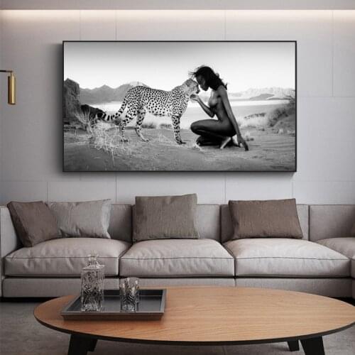 Black White Natural Landscape Canvas Painting on The Wall Posters and Prints Snow Leopard and Nude Women Picture for Living Room