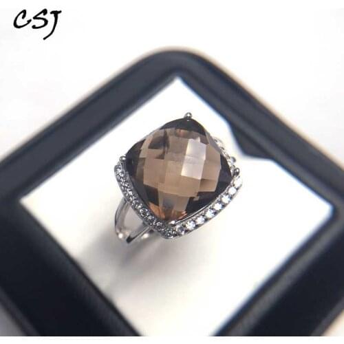 CSJ 100% Natural Smoky Quartz Rings Sterling 925 Silver Cushion Cut 12mm Fine Jewelry Women Femme Wedding Engagement Party Gift