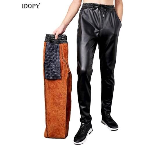 Idopy Men`s Winter Warm Faux Leather Joggers Harem Pants Fleece Lined Elastic Waist Drawstring PU Joggings Trousers For Male