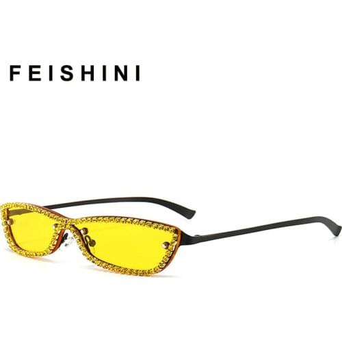 Feishini Festival Gorgeous Women Sunglasses Hip Hop Crystal Diamond Handmade Design Summer Celebrity Sunglass Cat eye Ladies