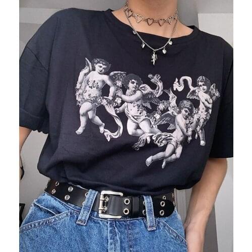 Kuakuayu HJN Four Cherub Print Lime Light Green T Shirt Women Summer Tops LIGHT Green Streetwear Vintage Casual Oversized Tees