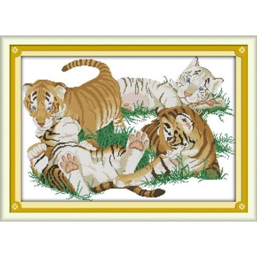 Joy Sunday Cross Stitch Four Tigers Cotton Thread Painting 11&14CT DIY Cross-Stitch Kits Handmade Embroidery For Needlework Sets