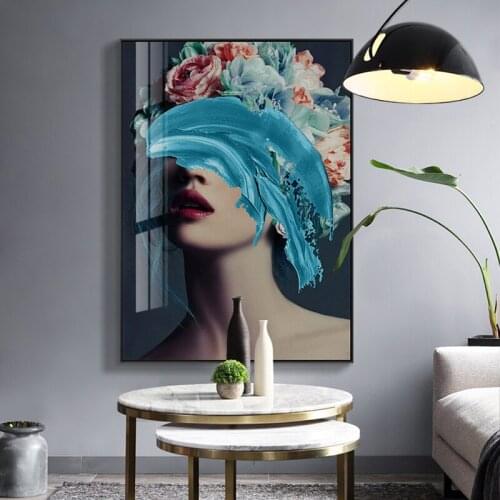 Flower and Woman Canvas Paintings Abstract Art Blue Gold Cover Eyes Lady Posters Prints Living Room Home Decorative Picture