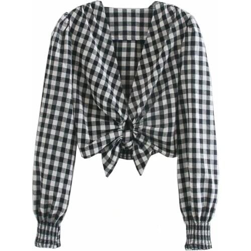 Klacwaya women bow plaid short shirts 2020 fashion ladies puff sleeve v-neck sexy club tops elegant female england style