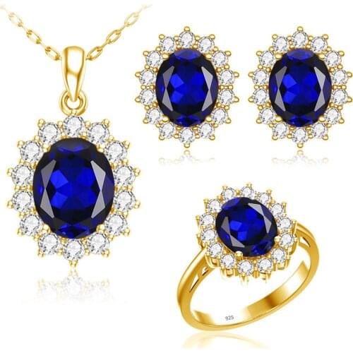 Szjinao 14K Gold Jewelry Set For Women Shiny Sunflower Blue Sapphire Pendant Earrings Ring Real 925 Sterling Silver Fine Jewelry
