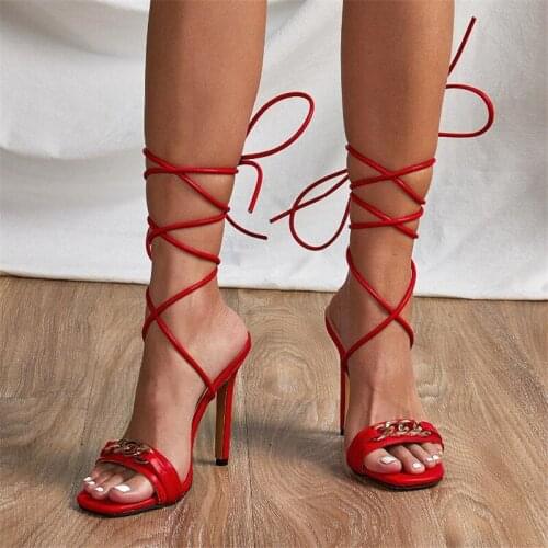 Nice Sexy Women Shoes Narrow Band Sandales Summer Peep Toe Cross-Tied High Heel Fashion Metal Decoratio Black Ladies Party Shoes