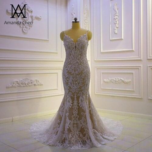 Spaghetti Straps Champagne Lace Applique Mermaid Wedding Dress