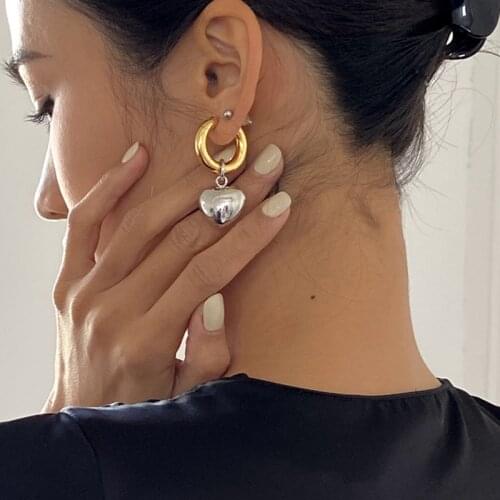 2021 New Minimalist Gold Silver Color Mixed Solid Heart Pendant Drop Earrings Street Style Fashion for Women Jewelry Wholesale