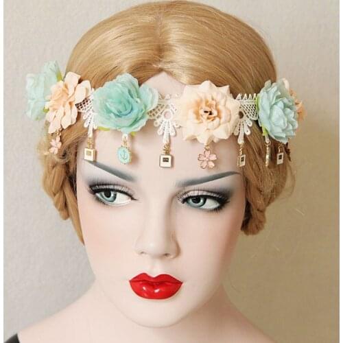 New Women Hair Garland Bridal Headband White Lace Flower Crown Love Anchor Coin Drop Wreath Headpiece Elastic Hairbands Wedding