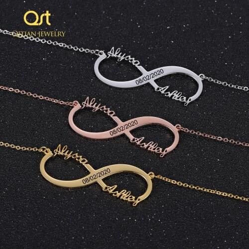 Fashion Double Name Engraved Date Numerals Infinity Pendant Necklaces Stainless Steel Custom Jewelry Choker Best Gifts for women
