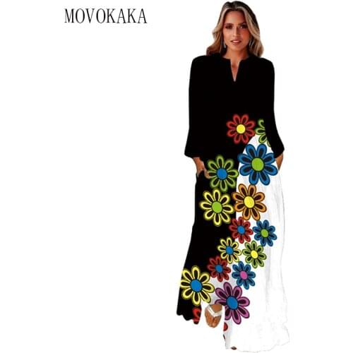 MOVOKAKA New 3D Flowers Print Autumn Long Sleeve Dress 2021 Beach Casual Plus Size Dresses Woman Elegant Girls Long Dress Women