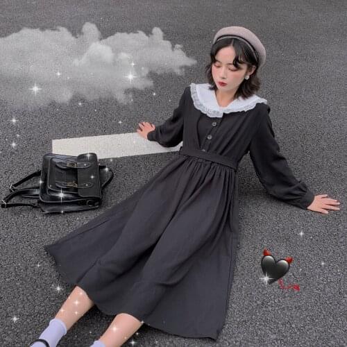 Dress Women Dark Fashion Preppy Style Long Sleeve Lolita Dresses Japanese Sweet Peter Pan Collar Long Ladies Elegant Dresses