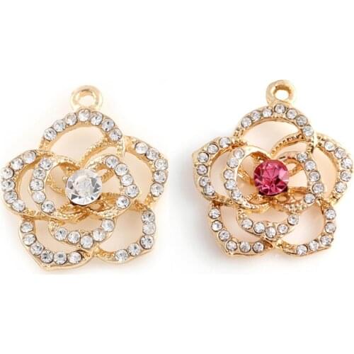 20pcs/lot Golden Rhinestone Floating Rose Flower Dangle Charms Pendant DIY Crystal Camellia Charms For Jewelry Making Supplies