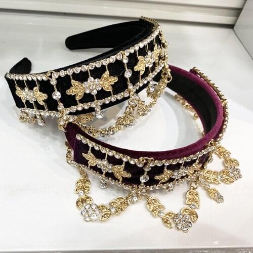 Luxury fashion metal crystal ladies headband bridal crown tassel street shooting wild white red black wide brimHeaddressHeadwear