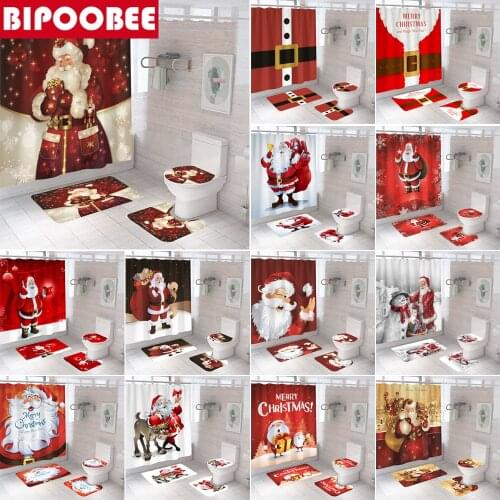 Merry Christmas Fabric Shower Curtain with 12 Hooks Santa Claus Bathroom Curtains Anti-skid Bath Rugs Carpet Toilet Cover Set