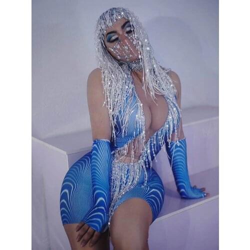 Stage Costumes For Singer Women Sparkly Dress Crystal Fringe Wig Headwear Nightclub Sexy Outfit For Ladies Performance Wear 6689