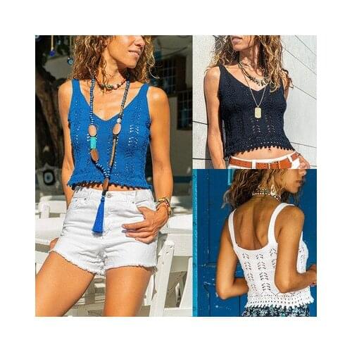 Sexy Womans Summer Solid Color Hollow Out Design Lace Tops Decor See Through Sling Sleeveless Backless V-Beck Short Top Crop