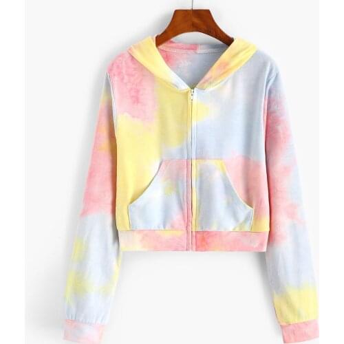 Tie-Dye Zipper Cropped Hoodies For Womens Teen Girls Autumn Winter Clothes Long Sleeve Short Sports Pullover Sweatshirts A40
