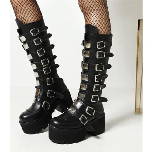 PXELENA Cool Street Gothic Women Motorcycle Biker Combat Platform Knee High Boots Chunky Thick Sole Punk Rock Cosplay Shoes 44