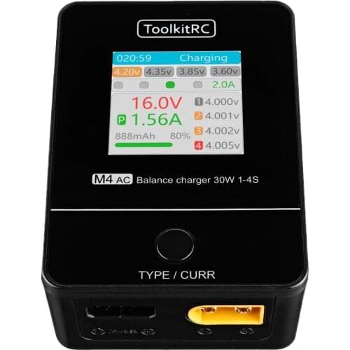 ToolkitRC M4AC 30W 2.5A AC Smart Battery Balance Charger XT30/XT60 Output for 1-4S LiPo LiHV LiFe Battery