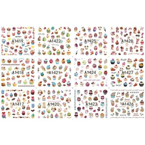 UPRETTEGO 12 PACKS / LOT NAIL ART BEAUTY WATER DECAL SLIDER NAIL CUTE CARTOON ICE CREAM DESSERT CHOCOLATE CANDY A1417-1428