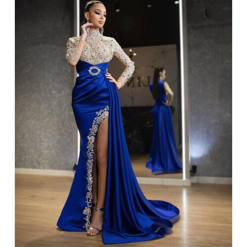 2020 Evening Dress Luxury High Neck Mermaid Sexy Side Slit Satin Blue Arabic Saudi Gown Crystal Beaded Long Sleeve Belt Formal