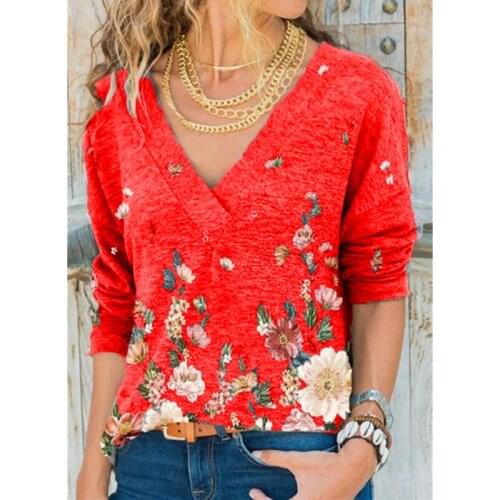 Women Shirt Long Sleeve Flower Pring V-neck Graphic T Shirts 2021 Women Fashion Clothing Spring Y2k Aesthetic Plus Size Tops 5XL