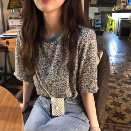 Vintage Flower Print Short Sleeve Round Neck T-shirts Retro Style Female Patchwork Loose Tops Casual Slim All-match Summer Women