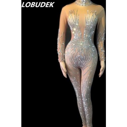 Lady Elastic Silver Rhinestones Skinny Jumpsuit Sexy Bar Nightclub DJ Singer Dance Costume Pole Dance Performance Stage Bodysuit