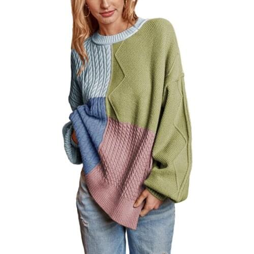 Square Stitching Contrast Sweater Women Winter Autumn Warm Soft Twist Lantern Sleeve Knit Jersey Oversize Mujer