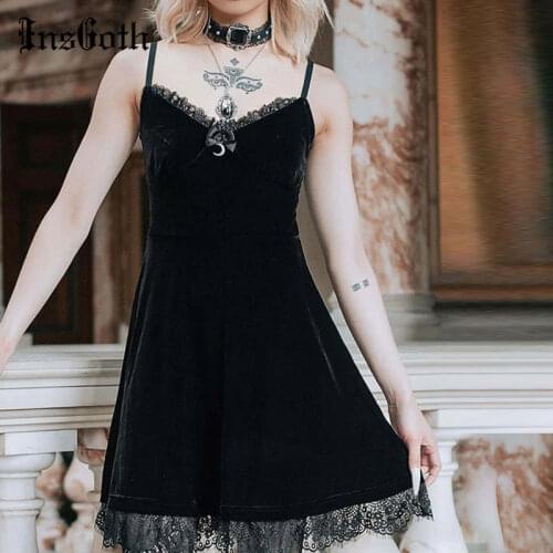 InsGoth Gothic Lace Trim Black Mini Dress Vntage Half Moon Pendent Corset Dress Goth Aesthetic Sexy V Neck Backless Party Dress