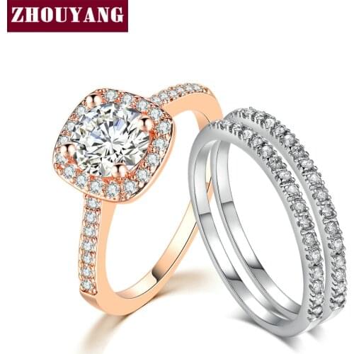 ZHOUYANG Engagem Wedding Ring Sets For Women Classic Round Cut AAA+ CZ Rose Color Fashion Jewelry Chirstmas Gift SR560