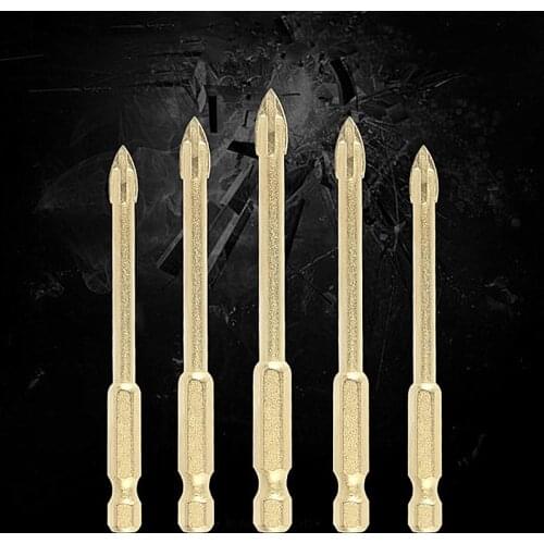 1pcs/5pcs Titanium Coated Glass Drill Bits Set 4 Cutting Edges Cross Spear Head Drill with Hex Shank for Ceramic Tile Marble Mir