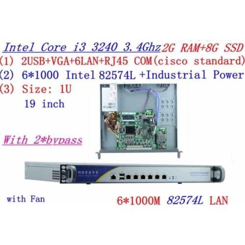 1U firewall server 2*bypass 2G RAM 8G SSD with 6*1000M 82574L Gigabit core i3 3240 3.4G support ROS Mikrotik Panabit Wayos etc