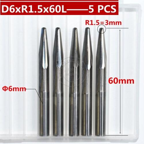 5 PCS-6mm*R1.5*60L,CNC carbide End Mill,woodworking insert router bit,Taper ball nose end milling cutter,deep relief,pvc,MDF