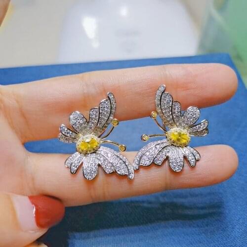 925 sterling silver with cubic zircon butterfly stud earring yellow and white mixed color fine women jewelry free shipping