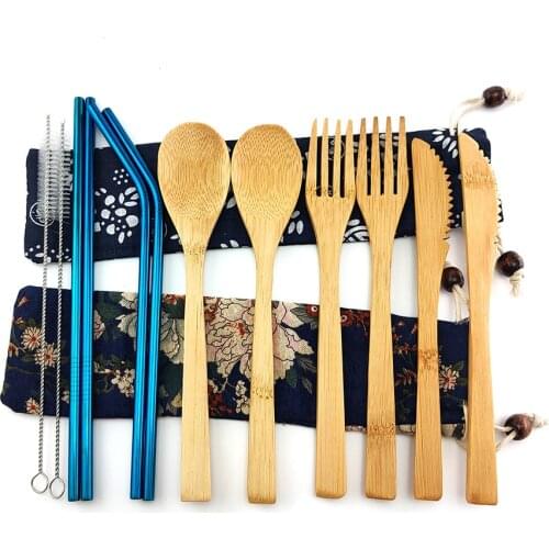 Zero Waste Bamboo Cutlery Set 12Pcs Eco-friendly Reusable Portable Fork Spoon Knife and Straw Brush For DinnerWare
