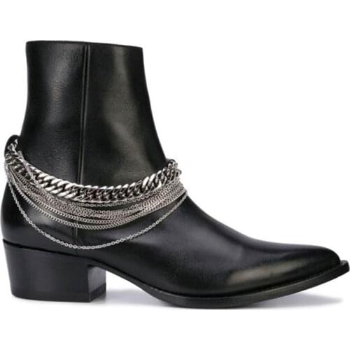Handmade customized genuine leather High model tassel Chain Buckle strap Pionted Toe Boots wedge Chelsea Men Boots