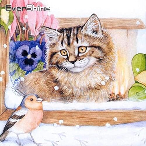 EverShine 5D Diamond Painting Cat Picture Of Rhinestones Full Drill Square Diamond Embroidery Animals Mosaic Kits Winter Decor