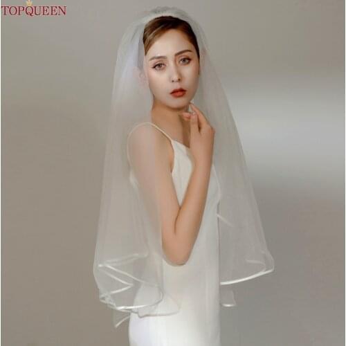 TOPQUEEN V97 Short Wedding Veils with Ribbon Edge Bride Veil Double Layer Simple Bridal Veil with Blusher Elbow Length Lace