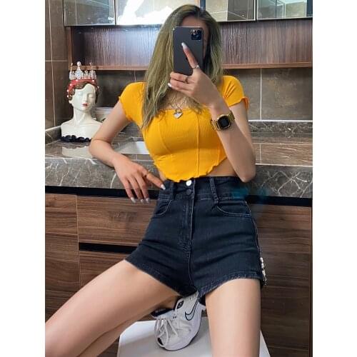 Y2K Aesthetic Orange Black Basic Pulovers Woman Short Sleeve T-shirts Cotton Egirl Sexy Sports Shirt Corset Summer Crop Top