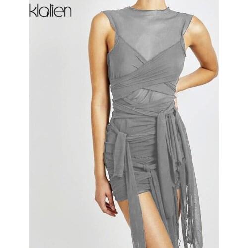 KLALIEN 2021 Spring Fashion Sexy See Through Mesh Bandage Solid Mini Bodycon Dress Casual Party Clubwear Sleeveless Dress Lady