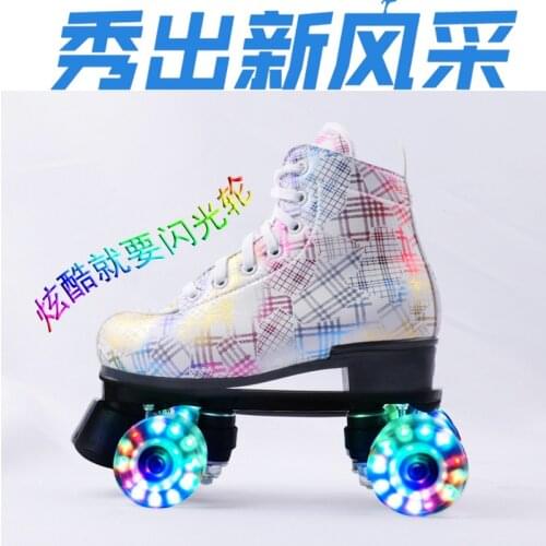 2021 Women Men Microfiber Plaid Roller Skates Skating Shoes Sliding Quad Sneakers Outdoor Beginner 2 Row Adult Pink 4 Wheels