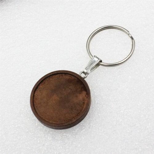 Fit 25mm Cabochons Round Wooden Keychain base settings diy blank cameo trays for key chain making Rings 25mm 10pcs K06045