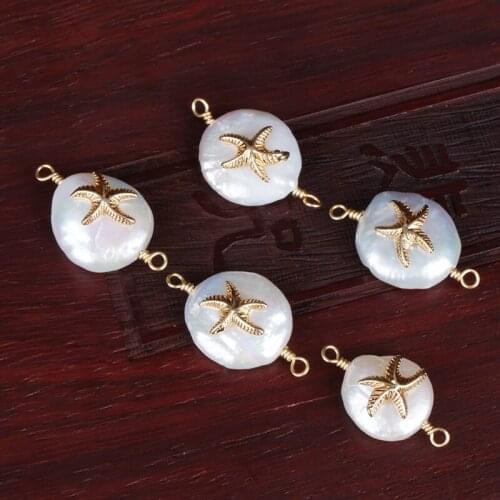 Cute tiny gold star starfish fish charms natural freshwater pearl connector bead charm for bracelet choker earring jewelry DIY