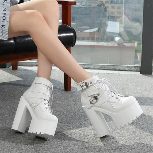 Fashion Women High Heels Ankle Boots Breathable Spring Autumn Women Platform Boots Ankle Belt Lace Up Party Shoes Women Boots