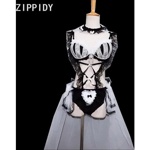 Fashion Bright Rhinestones Pearls Lace Bra Short 4 Piece Outfit Nightclub Women Singer Lingerie Costume Set Bikini Outfit