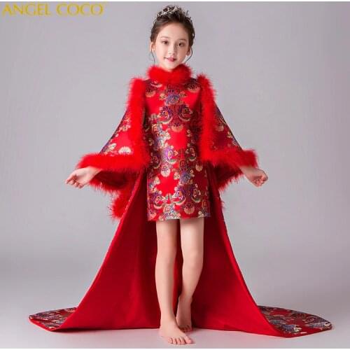 Girls Dress Long Evening Capes Kids Flower Dresses Children Vestidos 2021 Girls Dresses Winter Feather Kids Dress For Girl Abaya