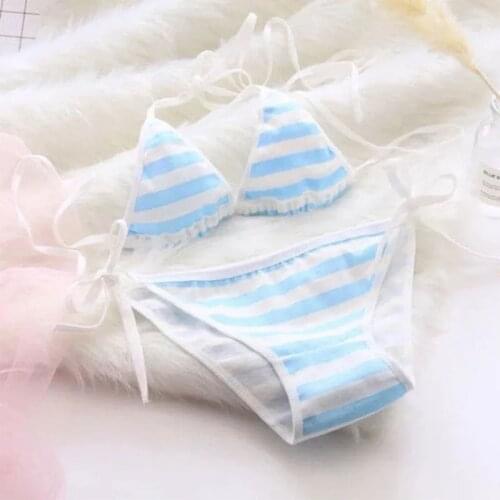 Girls' Sexy Bikini Set Tie Striped High Waisted Swimwear Swimsuit Color Stripe Lace Up Bra Panty Briefs Underwear Set M68D