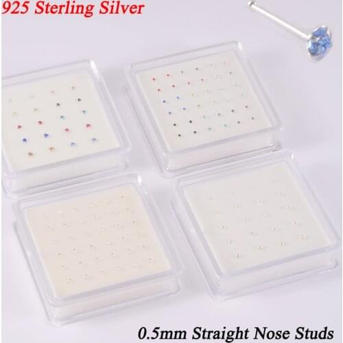 1Box Real Sterling Silver Colorful Crystal Straight Nose Studs Nose Bone Pin Tiny Nail Nariz Fine Piercing Body Jewelry 24G
